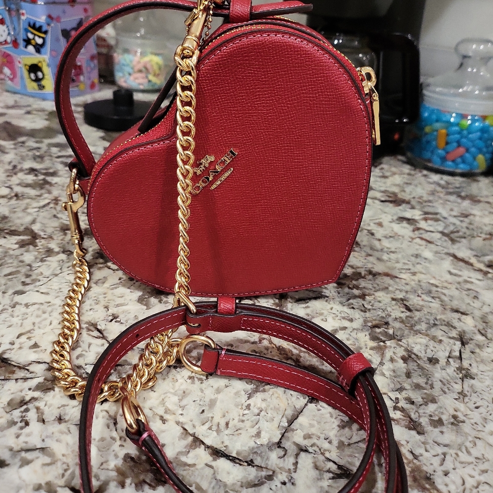 Coach Heart-Shaped Crossbody Bag in Red with Gold Chain